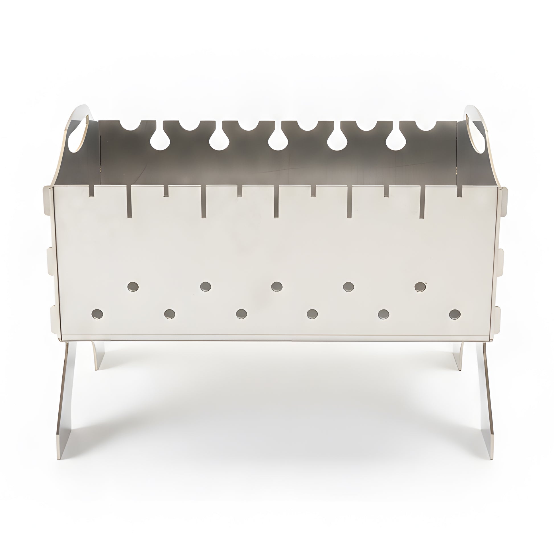 Side view of portable stainless steel mangal grill showing front side view