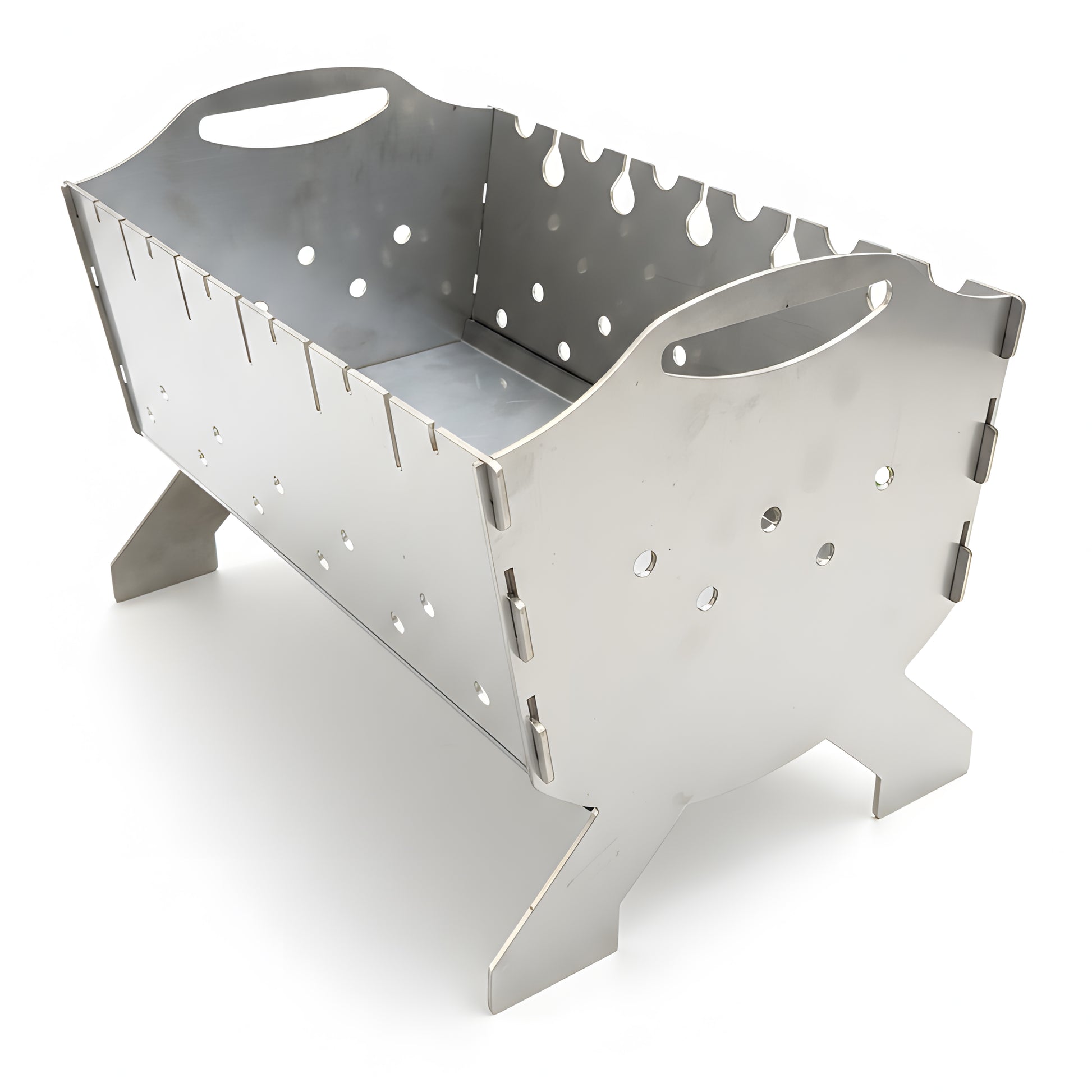 Side view of portable stainless steel mangal grill showing side view