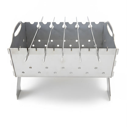 Side view of portable stainless steel mangal grill showing side view with iron screws