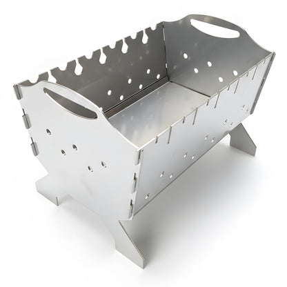 Side view of portable stainless steel mangal grill showing ventilation holes and angled support legs for stable outdoor cooking