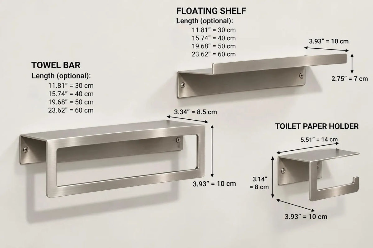 Stainless Steel Bathroom Shelf, Towel Bar & TP Holder : DIMENSIONS
