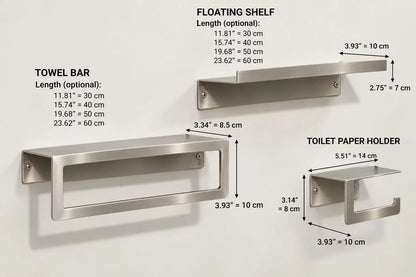 Stainless Steel Bathroom Shelf, Towel Bar & TP Holder : DIMENSIONS