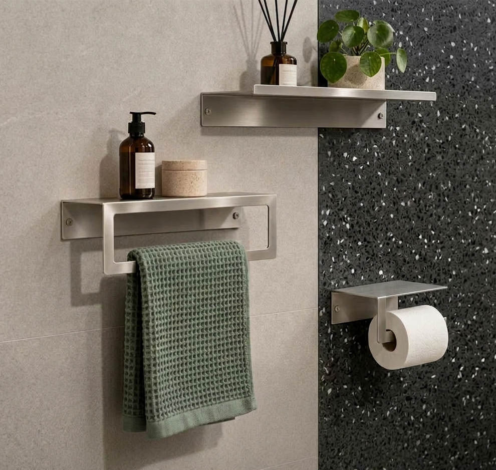 Stainless Steel Bathroom Shelf with Towel Bar & TP Holder