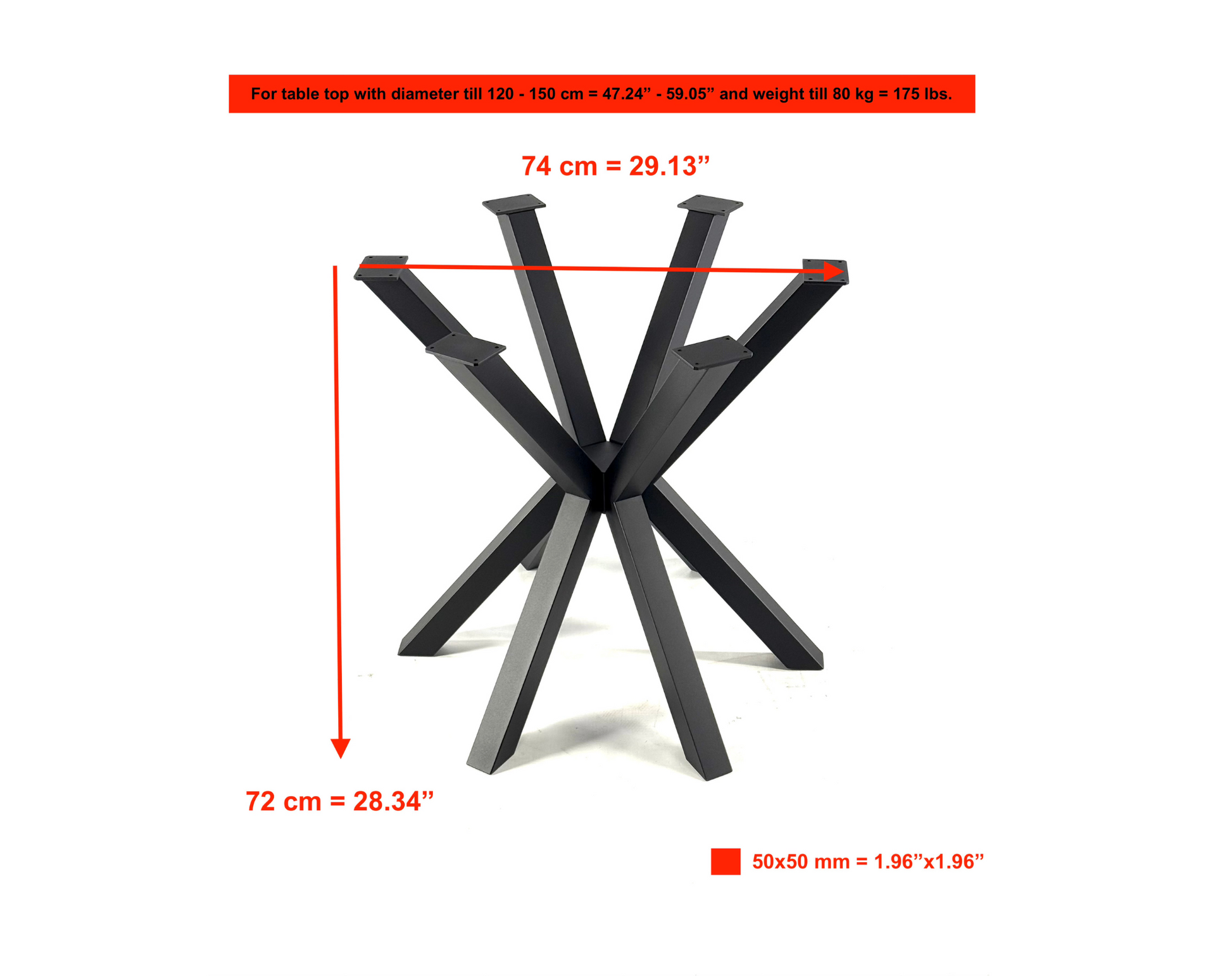 Front view with dimensions of Spider Style  Dining Table Base