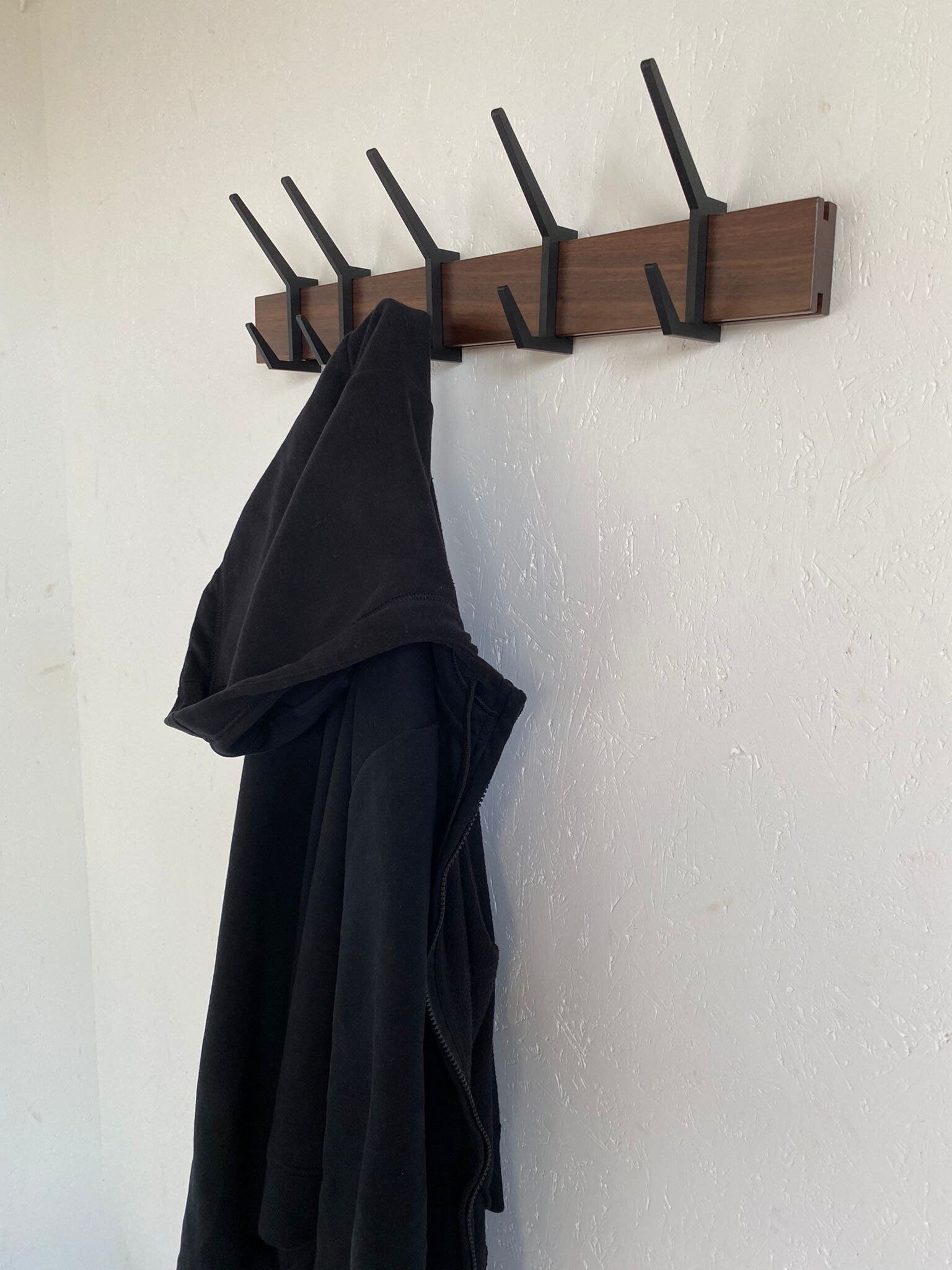 Wooden COAT & HAT rack, Wooden rack with removable hooks, Stylish walnut wood rack with sliding hooks, Entryway coat hooks/ WALNUT