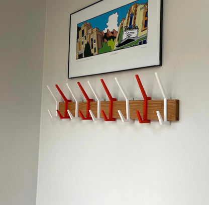 SCANDINAVIAN wooden coat & hat rack,Wooden rack with removable hooks,Stylish oak wood rack with sliding hooks,Entryway coat hooks,Home decor
