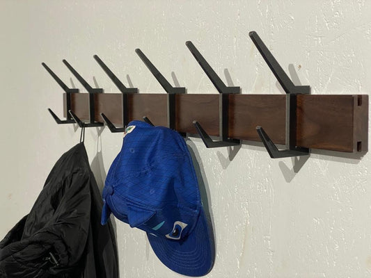 Wooden COAT & HAT rack, Wooden rack with removable hooks, Stylish walnut wood rack with sliding hooks, Entryway coat hooks/ WALNUT