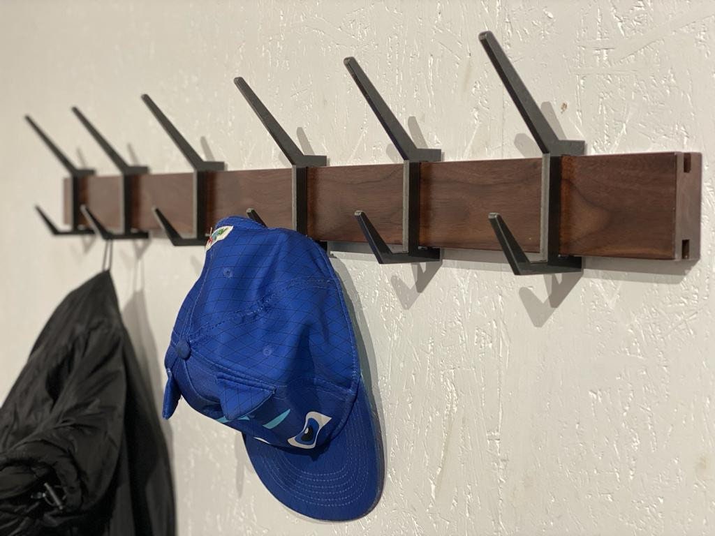 Wooden COAT & HAT rack, Wooden rack with removable hooks, Stylish walnut wood rack with sliding hooks, Entryway coat hooks/ WALNUT