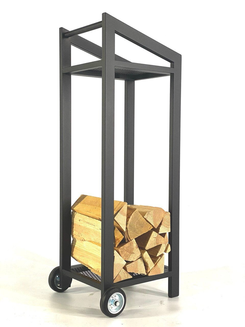 FIREWOOD RACK with WHEELS, steel mesh on top and shelf/ Vertical firewood rack/ Floor firewood rack